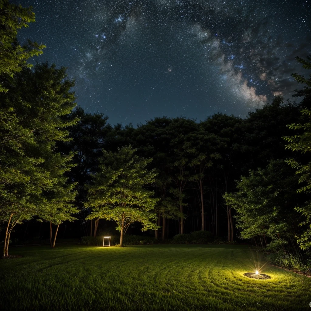 summer night、A starry sky in a quiet country garden。The Milky Way flows、The light of the fireflies illuminates the grass。A peaceful time spent surrounded by the cool night breeze and the chirping of insects。