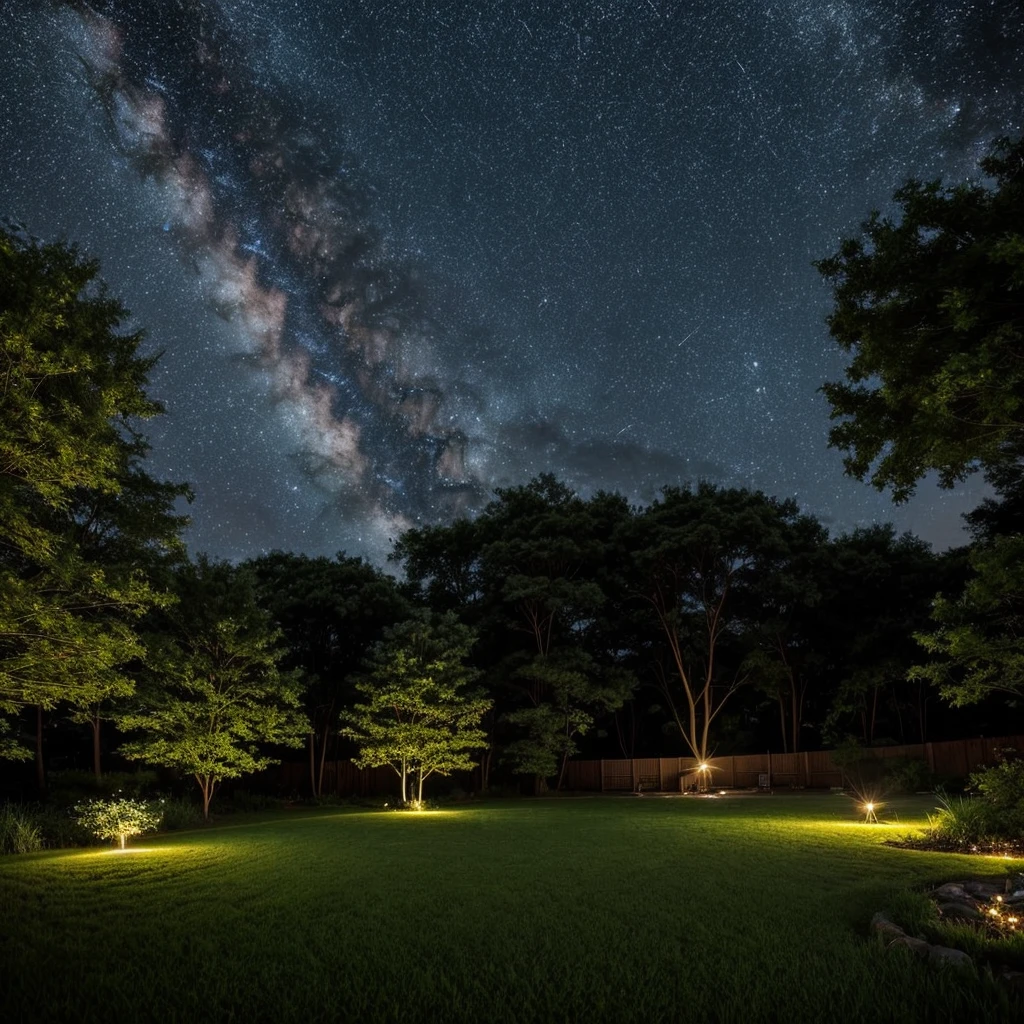 summer night、A starry sky in a quiet country garden。The Milky Way flows、The light of the fireflies illuminates the grass。A peaceful time spent surrounded by the cool night breeze and the chirping of insects。