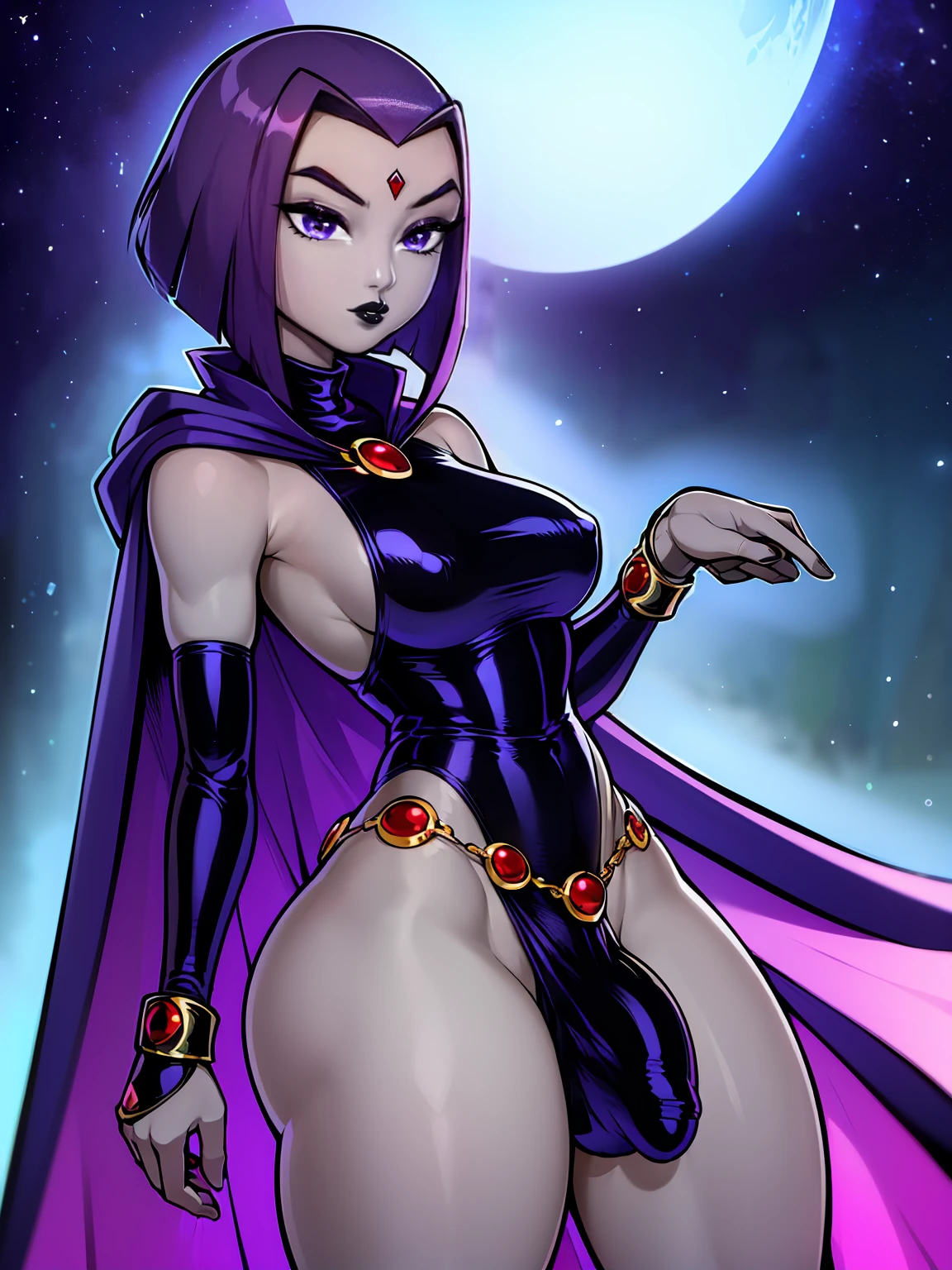 (solo:1.1),(masterpiece), (best quality:1.3), ultra detailed, intricate, (nice hands:1.4), professional art, digital art, absurdres, shadraven, (Full body view:1.1), 1girl, solo, (grey skin:1.4), dark purple hair, bob hair, purple eyes, hips wider than shoulders, pear shaped body, jewellery, detailed thighs, thick thighs, red jewel in forehead, jewels, (long sleeved turtleneck leotard:1.3), cuffs, small breasts, (shadraven cloak), (Shadraven broach:1.2), Shadraven jewel belt, Shadraven wearing a long sleeved leotard outside at night, long legs, ( long crotch bulge:1.4), large penis, large testicles, side view, looking at viewer, bubble butt , gluteal crease, universal lighting,,
