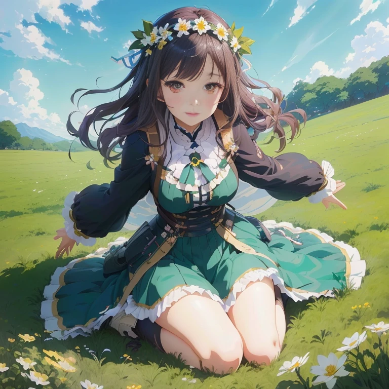 anime girl sitting in a field with flowers in her hair, marin kitagawa fanart, high detailed official artwork, official artwork, official art, anime moe artstyle, cushart krenz key art feminine, anime visual of a cute girl, ayaka genshin impact, official anime artwork, guweiz on pixiv artstation, official character art