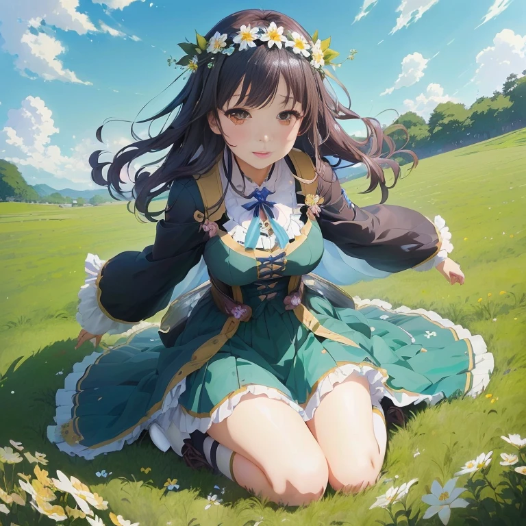 anime girl sitting in a field with flowers in her hair, marin kitagawa fanart, high detailed official artwork, official artwork, official art, anime moe artstyle, cushart krenz key art feminine, anime visual of a cute girl, ayaka genshin impact, official anime artwork, guweiz on pixiv artstation, official character art