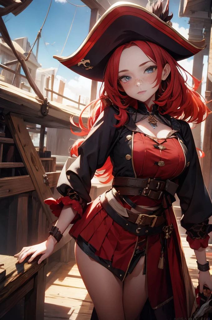 Ginger woman,1girll, freckles,28 year old,Red hair,double tails, Practical pirate clothing, (Long-sleeved pirate top), Skirt,Torn pirate hat, view the viewer, fantasy,Cinematic lighting,Masterpiece,