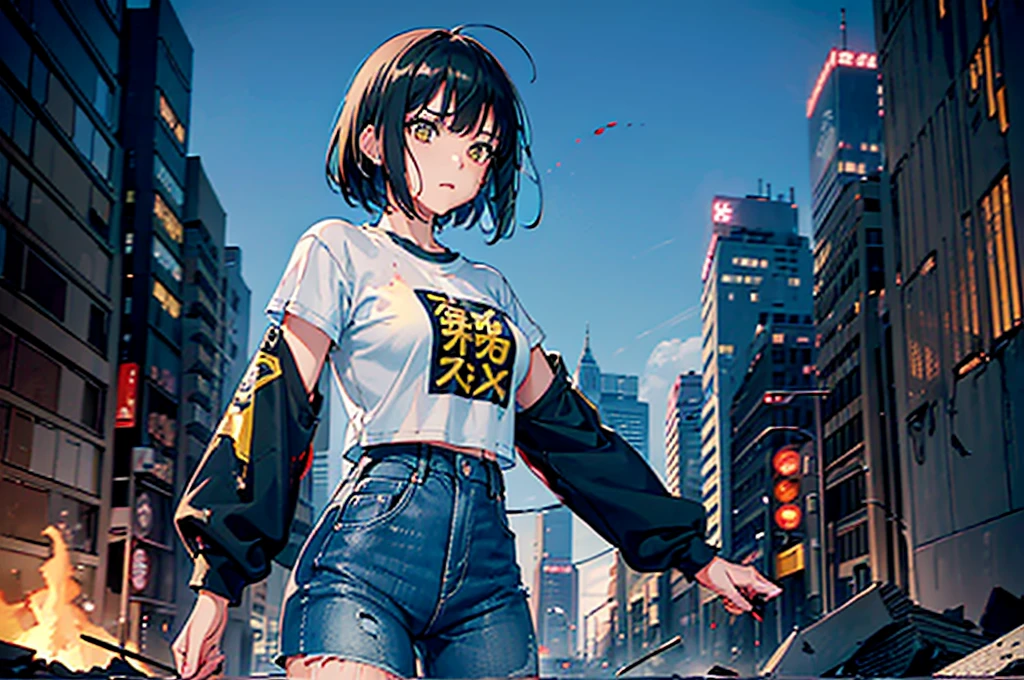 ((1 GIRL)) ((High Resolution)) ((Hyper realistic 10k,asian girl)), ((Japanese)) (( physically mature female)) (( average sized breasts)), 25-year-old, ((super realistic anime girl)), ((short dark-haired)), ((windswept hair)) ((ultra high quality))((flawless))((4k UHD)) ((Best Quality)) ((Daytime)) ((eyes glowing yellow )), wearing a ((black long sleeve shoulderless, blank T-shirt))((no logo)) wearing ((blue jeans)) and black and yellow sneakers with (((blood splattered))) on it and her face, standing in the street ((facing front and center toward the camera)) in a ((ruined city)) filled with ((heavily damaged)) and worn (( tall skyscrapers with gaping holes in their structures while on fire)) and ((crushed vehicles on fire)) and small and ((raging fires all around)) and an ((intimidating)) look on her face.