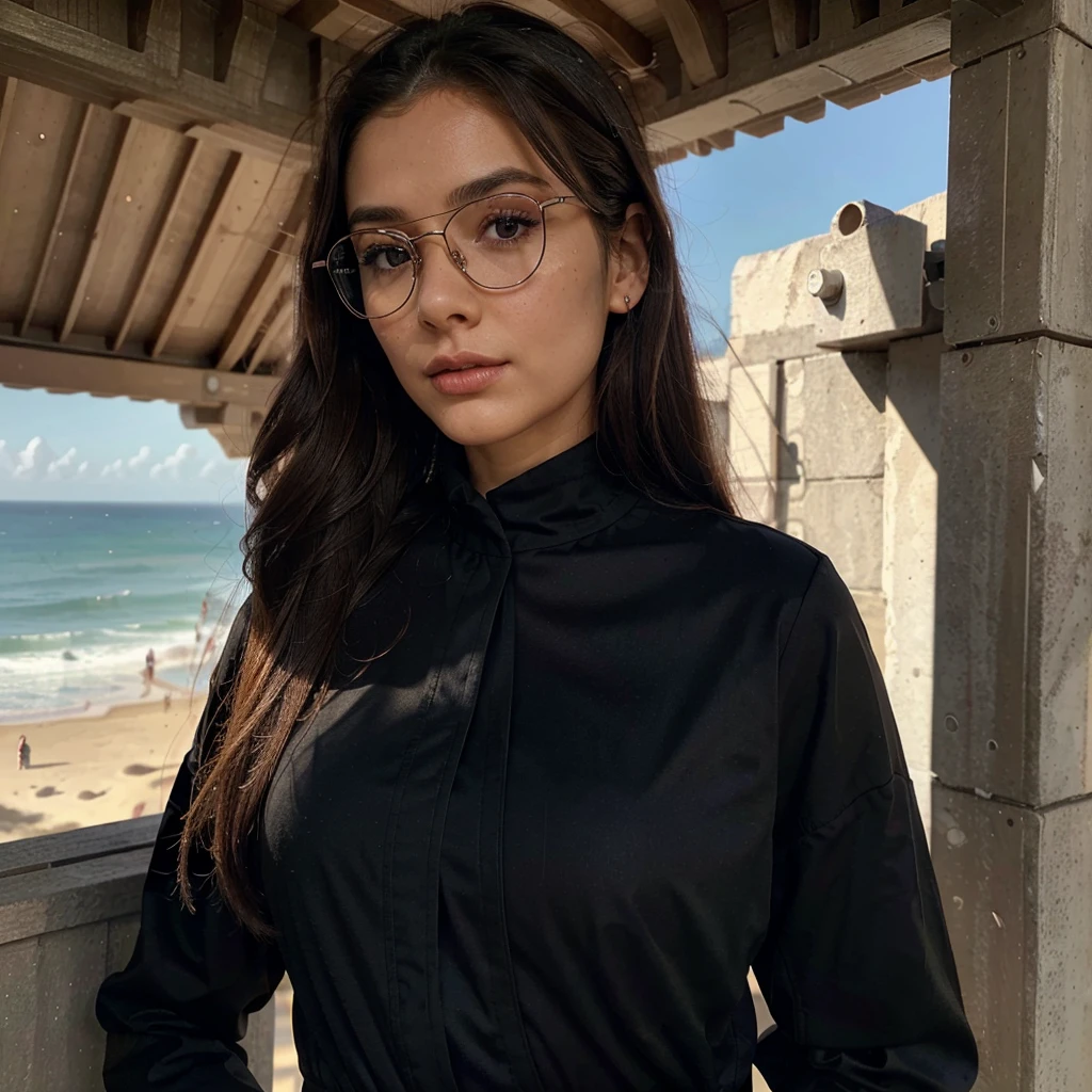 Create a very realistic and beautiful model with the following detailed features: Gender: Female, Age: Young adult (approximately 20-25 years old), Hair: Long, wavy and reddish with a natural shine, gently cascading around the shoulders and back back. . . . . . . . . . . . . , Eyes: Bright green with a captivating, slightly almond-shaped look, detailed with natural highlights, Skin: Fair complexion with a light texture, including natural freckles on the nose and cheeks, giving a youthful and vibrant appearance: Fair complexion with a light texture, including natural freckles on the nose and cheeks, giving a youthful and lively appearance, Face: with a smooth and natural contour, soft, full lips with a slight pinkish tint and a slightly delicate upturned nose, Expression : a gentle face, with a touch of mischief, which conveys warmth and approachability, Clothing: in a black suit and black sunglasses standing in an accentor, wearing a black suit, a black suit, a black outfit, a black suit and glasses, a black restrained suit, a black silky outfit, fashionable black clothes, a Girl in a suit, wears black clothes, Girl in a suit, Smooth black tight-fitting suit, wears an elegant outfit, haute couture chic, All black , Background: the model is in an accesor, start in accensor, accensor, accensor Pose: relaxed and confident posture, start on an open roof, end of sunny day, sea view in the background. aesthetic, Unsplash, Neoclassicism, Complex background, Best quality, hyper detailed, Gratty Sita, 64K, Light design
