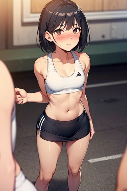 Animation,flat 2d,Fullbody,Detailed face,(game cg,BISHOP),super Detail,Solo,messy short cut black hair,highschool boy,brown skin,(sunburned skin),oiled skin,outdoor,famous square town,crowded,(sports bra:1.2), micro mini skirt, (embarrassed expression:1.2),,Looking at viewer,(flat chest:1.3),(he is waiting viewer:1.3)