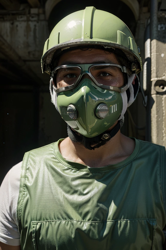 A miner with a large head wears a light-colored helmet with a light on the front, protective goggles, and a mask that covers the nose and mouth. His facial expression was serious and focused, with visible drops of sweat. He wore a white helmet with the words ''kpp'', a bright green safety vest with reflective strips, thick work gloves, and sturdy work boots. the background shows a mining environment with tunnels or heavy equipment.