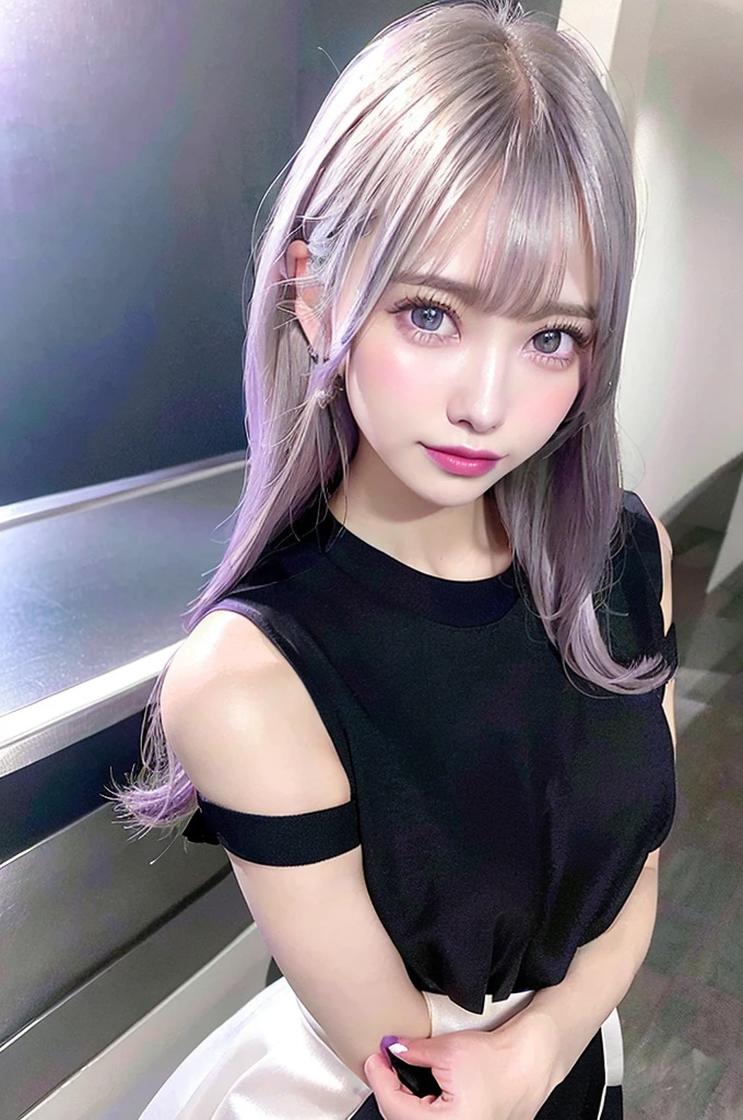 1girl,beautiful vintage color, instagram (photorealistic, high resolution:1.4), ((puffy eyes)), looking at viewer, , full body (8k, RAW photo, best quality, masterpiece:1.2), (realistic, photo-realistic:1.37),(sharp focus:1.2), professional lighting, photon mapping, radiosity, physically-based rendering, (pale skin:1.2),(small breasts:1.2), looking at viewer, (middle hair:1.5), portrait, purple eyes, (sliver hair:1.1),bangs, (simple background:1.4), solo, upper body, realistic,(masterpiece:1.4),(best quality:1.4),(shiny skin),fashi-girl,makeup,smile(skinny,closed mouth,shy :1.3) ,(standing,black Stewardess uniform,Necromancer:1.1),medium bust,sexy pose ,