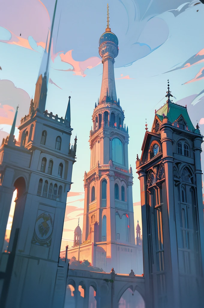 Create a scenic digital painting of Berlin, Germany. The foreground features traditional German architecture with charming buildings and lush green trees. Include the Berlin TV Tower (Fernsehturm) prominently in the background, with its distinctive structure reaching towards a clear blue sky. Add reflections of modern glass buildings to show a mix of historical and contemporary elements. The overall atmosphere should be serene and picturesque, with soft pastel colors and a harmonious blend of nature and urban scenery