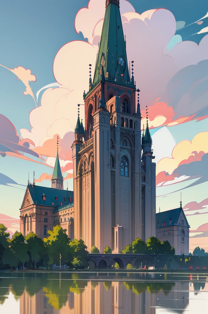 Create a scenic digital painting of Berlin, Germany. The foreground features traditional German architecture with charming buildings and lush green trees. Include the Berlin TV Tower (Fernsehturm) prominently in the background, with its distinctive structure reaching towards a clear blue sky. Add reflections of modern glass buildings to show a mix of historical and contemporary elements. The overall atmosphere should be serene and picturesque, with soft pastel colors and a harmonious blend of nature and urban scenery