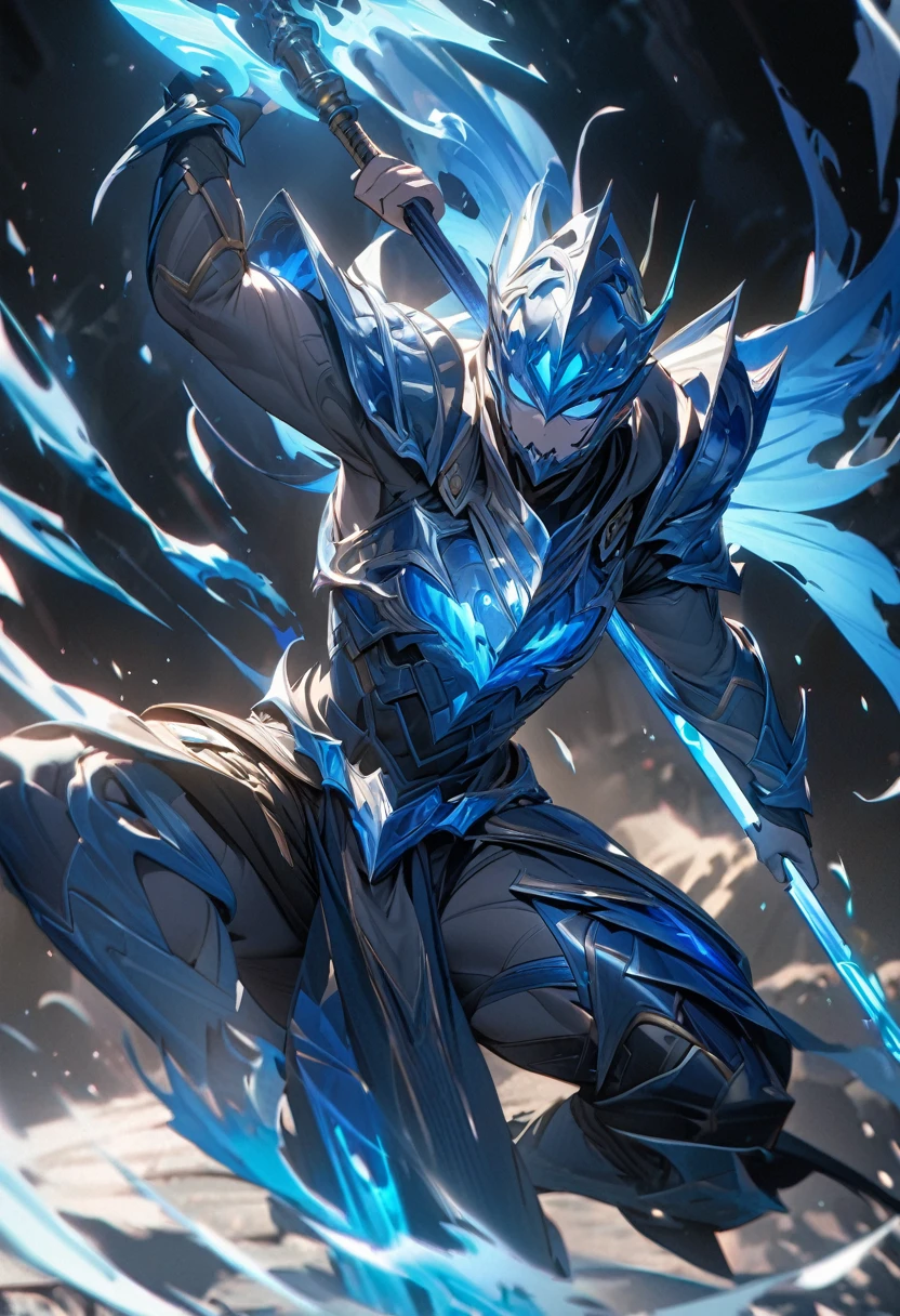 masterpiece, 8k, best quality, highly detailed, a male human warrior wearing a set of ethereal blue spirit armor while wielding a spear that shines with the power of life