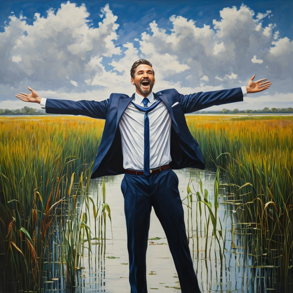 Plains Marsh,A man in a suit,in the middle,Back,Open your arms,Decorative paintings