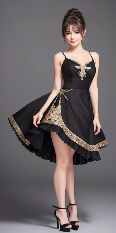 With a beautiful sexy black Disney princess dress., With intricate details shaping your body with a short fitted chiffon skirt., very sexy and seductive..............:1.2, looking to the camera, cinematic lighting, perfect, luz outfit, high resolution skin:1.2, realistic skin texture, 14 years、a small face、without makeup、, off the shoulders, big breasts、big neckline, blue eyes, long legs, (black platform straps high heels shoes 1.5), Bun Hair, Long Loose Dark Brown Hair、(full body 1.5)、neutral background looking at the target and with a nice smile
