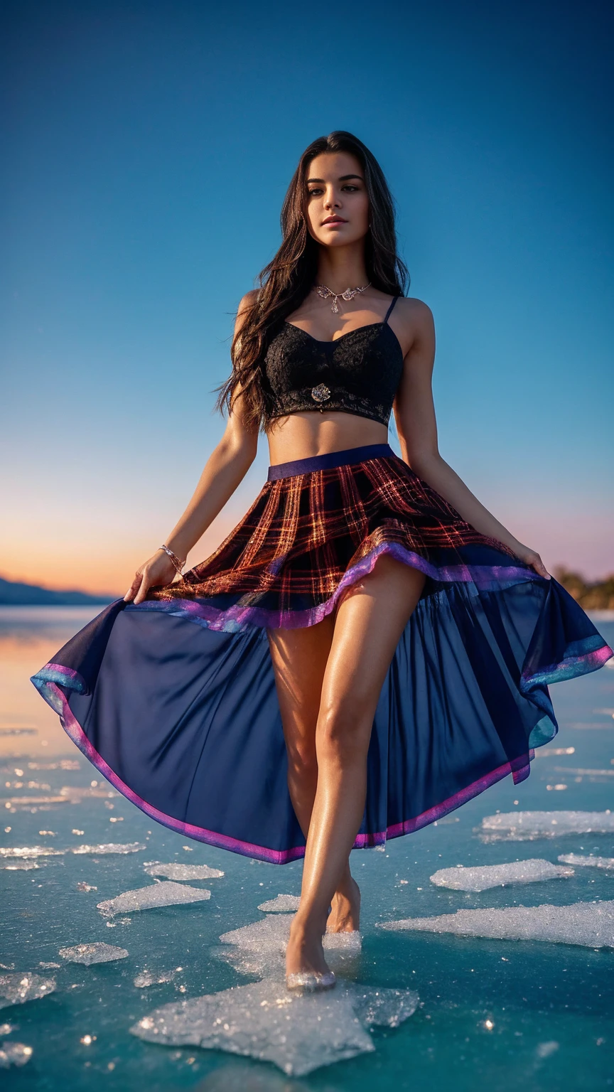 A stunning 18-year-old Greek model with long, flowing dark hair and captivating, symmetrical eyes stands gracefully on a frozen lake. She wears a vibrant red and black plaid mini-skirt that falls well above her knees, accentuating her long legs. The skirt's fabric catches the light, revealing intricate detailing. She's adorned with elegant, gleaming jewelry that complements her Mediterranean features. Despite the icy setting, the scene is bathed in warm, golden sunlight, creating a striking contrast. In the background, surreally out of place, a few palm trees sway gently, their fronds casting delicate shadows on the ice. The image showcases Magic garden of bioluminescent flowers, where the petals glow in delicate shades of orange and blue. Closer to the tips the petals become translucent, creating an ephemeral effect. White accents add glow. The air is filled with shimmering pollen particles, swirling in mysterious whirlwinds. High detail allows you to see the finest veins on the petals. Drops of the purest water sparkle on the flowers, refracting light. Translucent 3D hearts float among the flowers, adding magic to the composition."Macro photography of a biofluorescent flower with petals, iridescent from rich orange in the center to translucent blue at the edges. The stamens emit a soft white glow. Glowing pollen particles circle around the flower, creating a feeling of magic. A few drops of dew on the petals reflect and refract light, creating rainbow highlights. In the background you can see blurry outlines of other glowing flowers and floating 3D hearts.