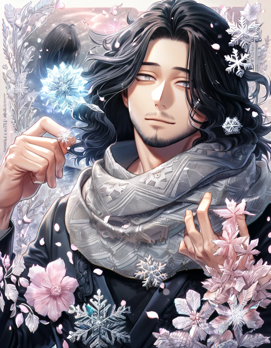 Ultra detailed, HDR, Highres, absurdres, master piece, Eraserhead, black hair, medium length hair, expressive gray eyes, faint beard, gray scarf, black shirt, Boku No Hero Academia, handsome, ice glittering butterflies, ice, petals, ice pink glass flowers, glittering, fantasy, magical, snowflakes, cold, handsome smile, solo, sexy man