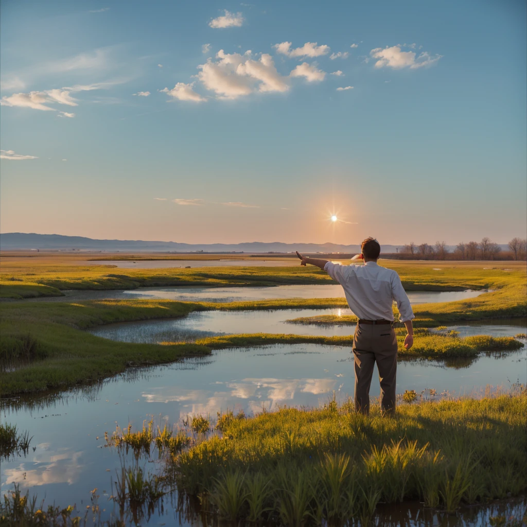 Plains Marsh，A man standing in the middle，Back，Open your arms，Decorative paintings