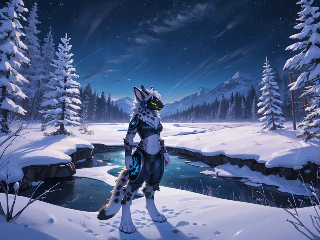 (very detailed illustration: 1.2), best quality, masterpiece, solo, natural lighting, protogen, (protogen face: 1.1), (protogen visor: 1.1), Snow Leopard female, gigantic breasts, white tail, torso, yellow eyes, white with black dots fur, white fur all over the body, white hair, white fur, full body ,he is standing, he is in a frozen grass field, in front of it there is a beautiful landscape with a long frozen river and a frozen lake with a lot of vegetation winter and it is a beautiful evening, landscape