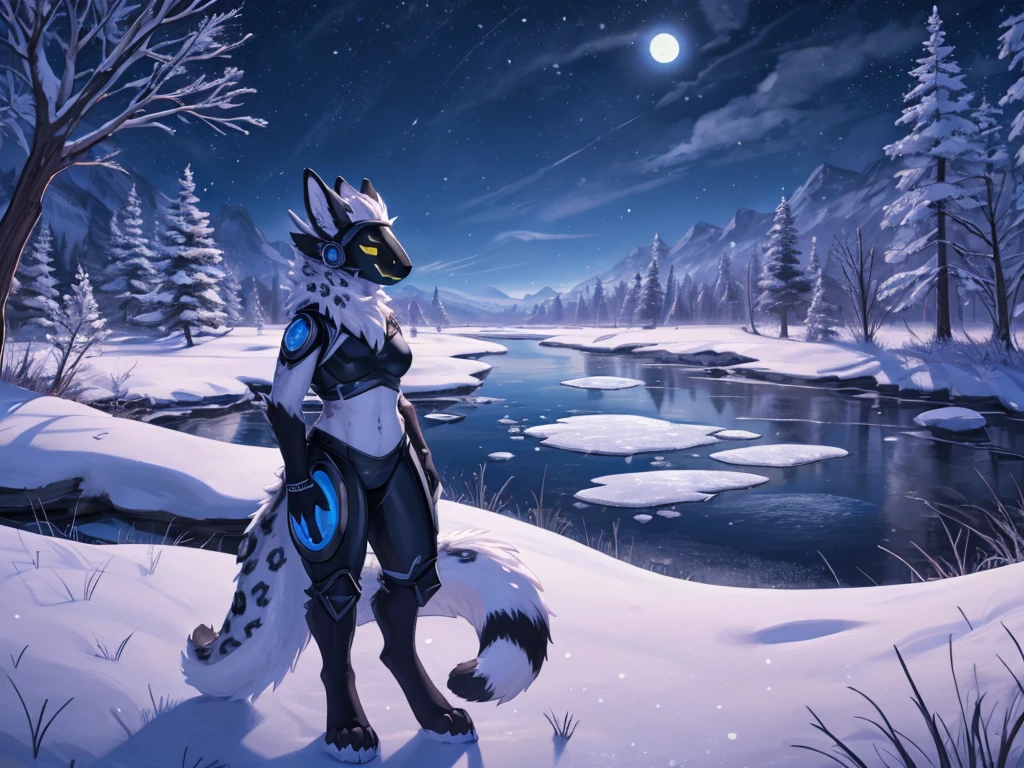 (very detailed illustration: 1.2), best quality, masterpiece, solo, natural lighting, protogen, (protogen face: 1.1), (protogen visor: 1.1), Snow Leopard female, gigantic breasts, white tail, torso, yellow eyes, white with black dots fur, white fur all over the body, white hair, white fur, full body ,he is standing, he is in a frozen grass field, in front of it there is a beautiful landscape with a long frozen river and a frozen lake with a lot of vegetation winter and it is a beautiful evening, landscape