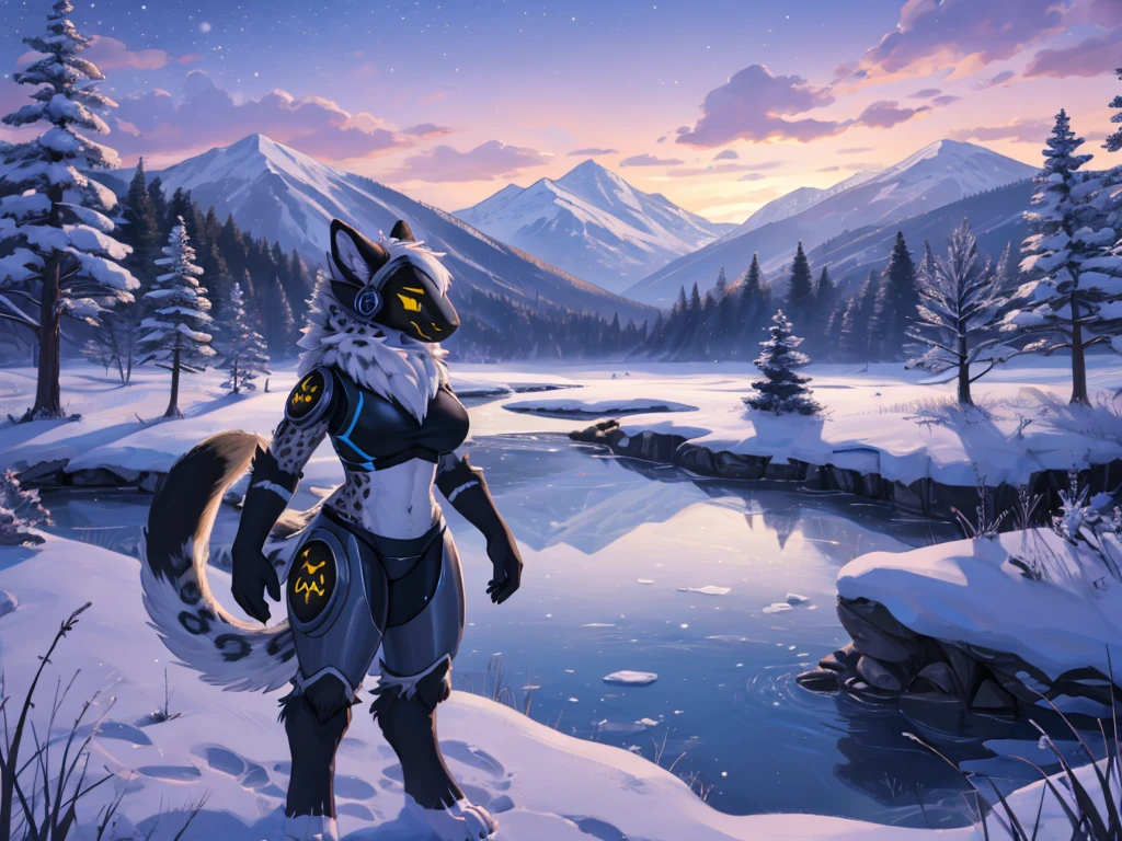 (very detailed illustration: 1.2), best quality, masterpiece, solo, natural lighting, protogen, (protogen face: 1.1), (protogen visor: 1.1), Snow Leopard female, gigantic breasts, white tail, torso, yellow eyes, white with black dots fur, white fur all over the body, white hair, white fur, full body ,he is standing, he is in a frozen grass field, in front of it there is a beautiful landscape with a long frozen river and a frozen lake with a lot of vegetation winter and it is a beautiful evening, landscape