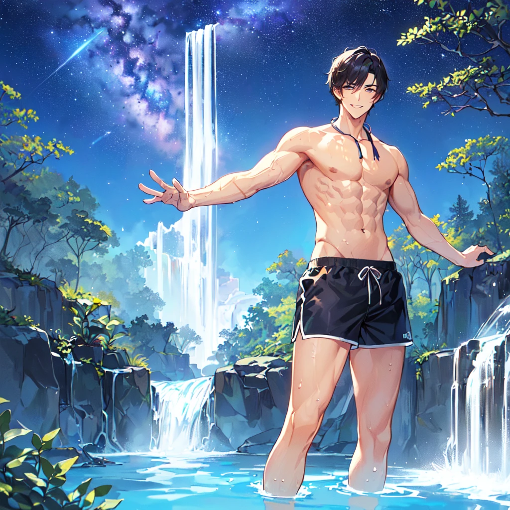 masterpiece,best quality,high quality,(1 male austere handsome solo adult age 30 years old:1.5), purple eyes, cool with suspended eyes, V-shaped eyebrows, body strong and fearless 8.5 head tall, height 185cm,(well-groomed black short hair down to neck:1.4),(bangs in three (parted bangs:1.4), slender nose, facial muscles, throat, (pectoral muscles :1.3), (rectus abdominis), (swim shorts:1.3), (stylish pose), (cool smile:1.3), (background waterfall forest:1.3) , (Milky Way Night Sky:1.3)