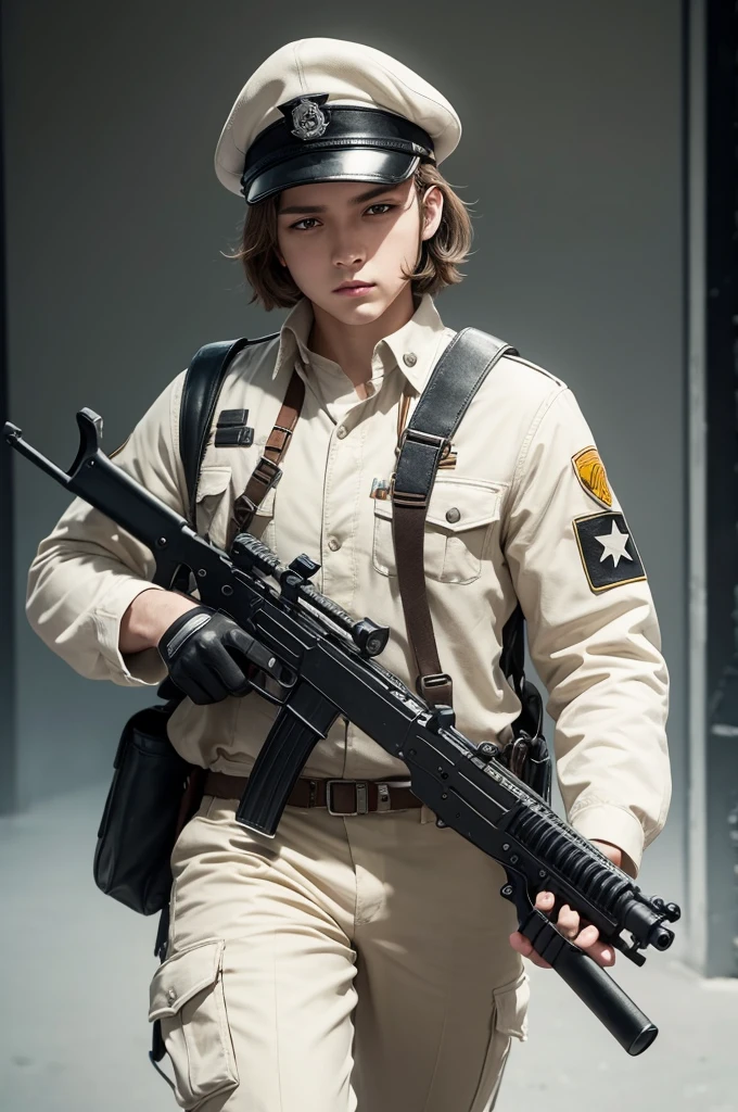 A free fire character in white and positioned with an mp40 in his hand