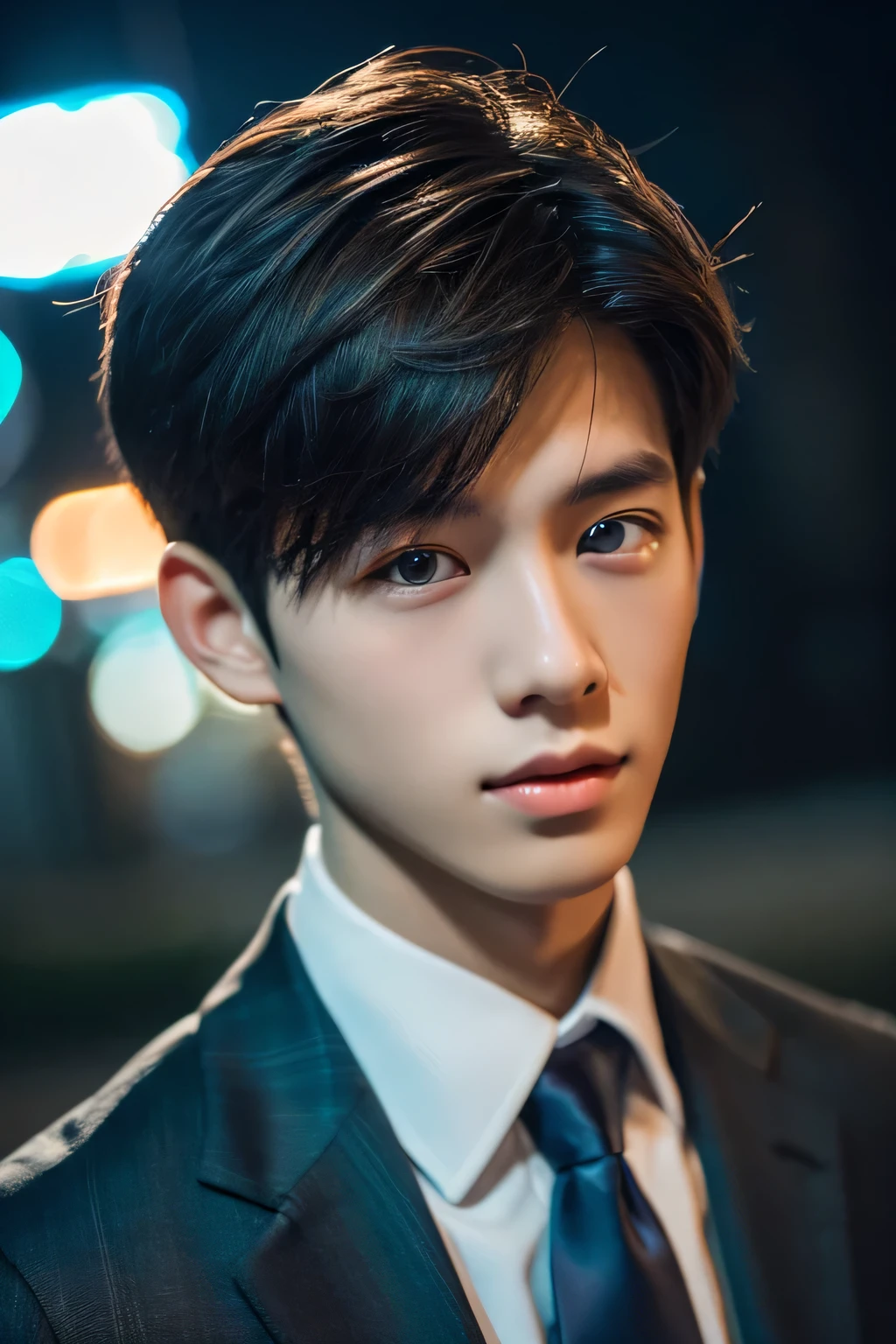 Highest quality, masterpiece, Ultra-high resolution, (Realistic: 1.4), Original photo, wallpaper, Head Photo, skin, Simple Background, Iris, detailed, Selfie, 1 boy, 18-year-old, good looking, Wind,suit、Night view