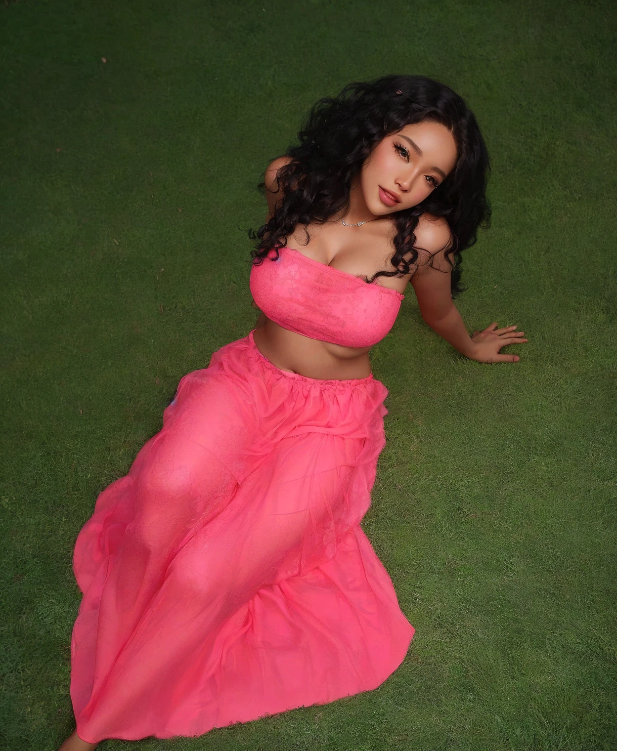 there is a hyper realistic woman in a pink dress laying on the grass, laying down, thick curly anime hair, curly hyper realistic hair, photo from a promo shoot, promo shoot, promo still, gorgeous lady, photoshoot, seductive lady, sza, promo shot, photo shoot, taken in the early 2020s, playful pose, her belly button is exposed, vanessa morgan, dressed in a pink dress, solo photoshoot