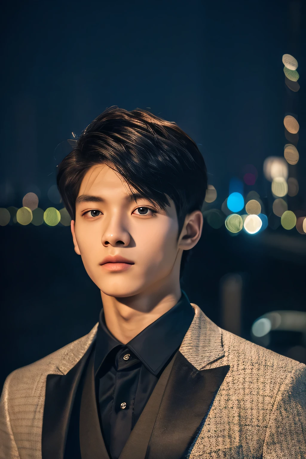 Highest quality, masterpiece, Ultra-high resolution, (Realistic: 1.4), Original photo, wallpaper, Head Photo, skin, Simple Background, Iris, detailed, Selfie, 1 boy, 18-year-old, good looking, Wind,suit、Night view