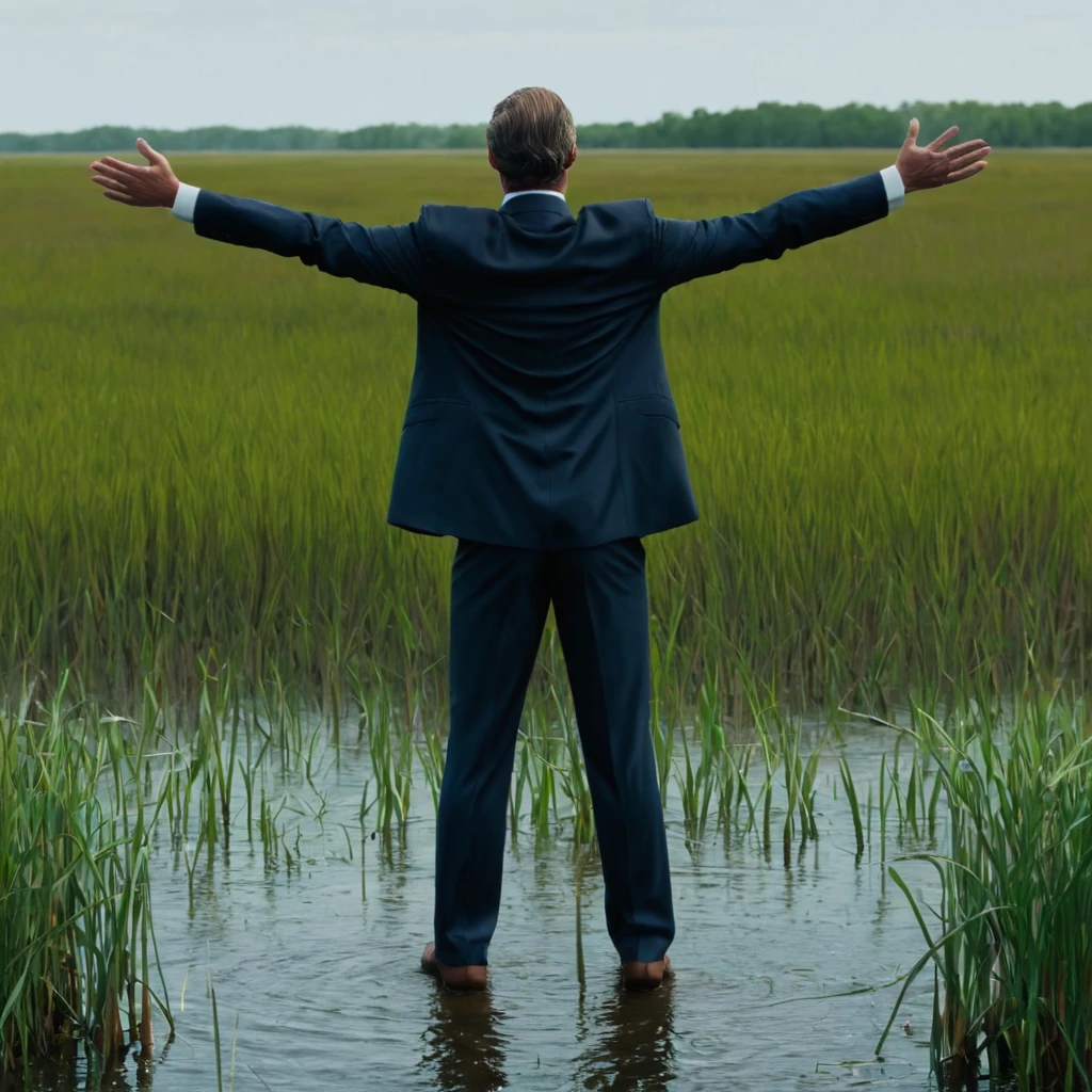 Plains Marsh，A man in a suit，in the middle，Back，Open your arms