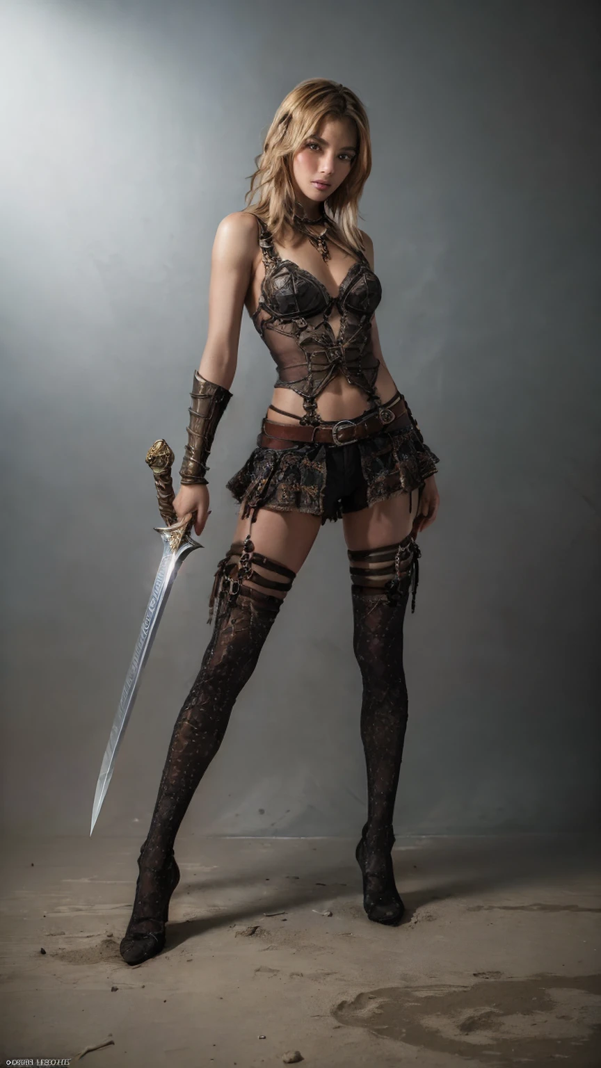 ((Full body photo, standing, feet on the floor)) a woman dressed as a warrior holding a sword, fishnet tights,  sexy painting of gal gadot, tyler edlin fantasy art, fantasy woman, gal gadot as hell lord, zenescope, a very beautiful berserker woman, magali villeneuve', as seen on artgerm, very beautiful female barbarian, artgerm julie bell beeple, 4k fantasy art