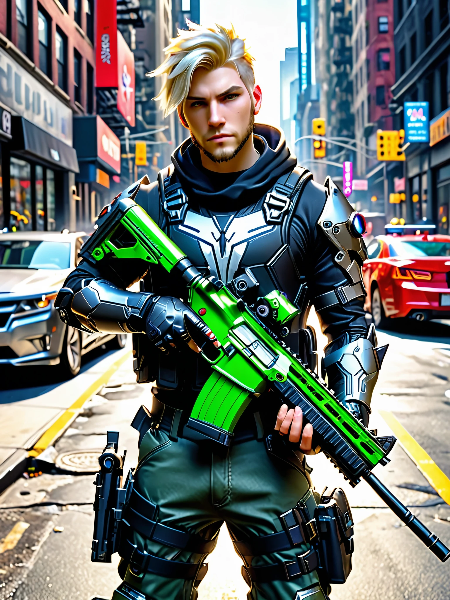 blond-haired man in military uniform (holding an (m4 carbine)) on a new york city street, solo, solo focus, cyberpunk street goon, hyper-realistic cyberpunk style, jetstream sam from metal gear, techwear look and clothes, cyberpunk streetwear, cyberpunk soldier, young blonde boy fantasy thief, soldier outfit, wearing techwear and armor, wearing japanese techwear, soldier 7 6 from overwatch, wearing cyberpunk streetwear, green eyes. ((1car, motor vehicle, automobile, red chevorlet camaro)). 