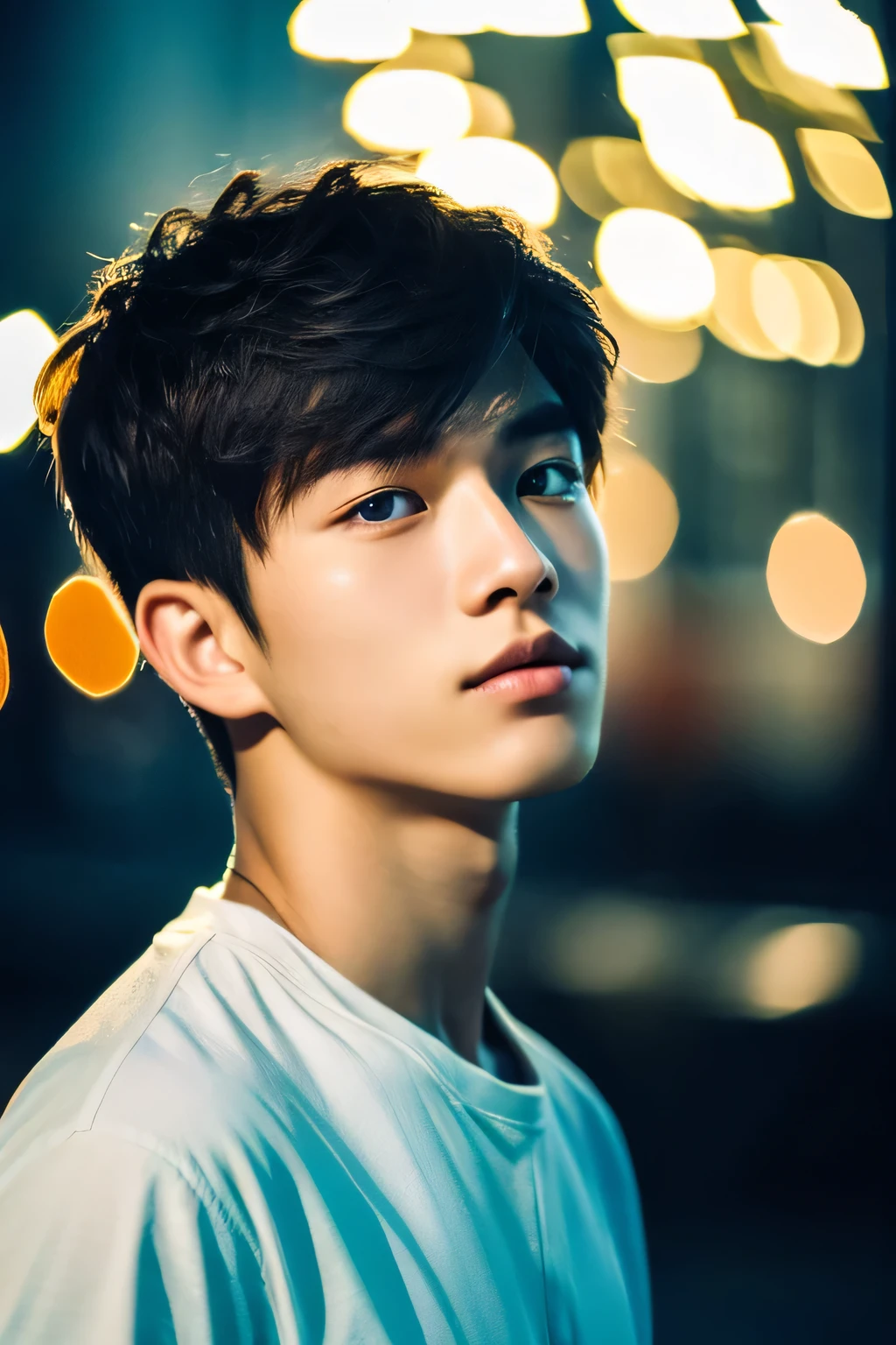 Highest quality, masterpiece, Ultra-high resolution, (Realistic: 1.4), Original photo, wallpaper, Head Photo, skin, Simple Background, Iris, detailed, Selfie, 1 boy, 18-year-old, good looking, Wind,night