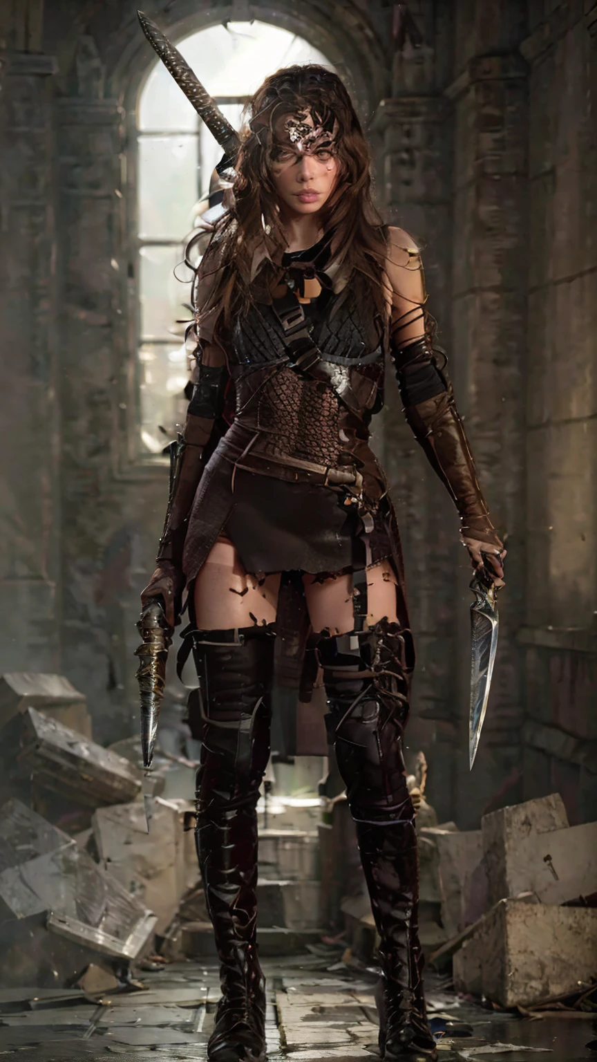 ((Full body photo, standing, feet on the floor)) a woman dressed as a warrior holding a sword, fishnet tights,  sexy painting of gal gadot, tyler edlin fantasy art, fantasy woman, gal gadot as hell lord, zenescope, a very beautiful berserker woman, magali villeneuve', as seen on artgerm, very beautiful female barbarian, artgerm julie bell beeple, 4k fantasy art