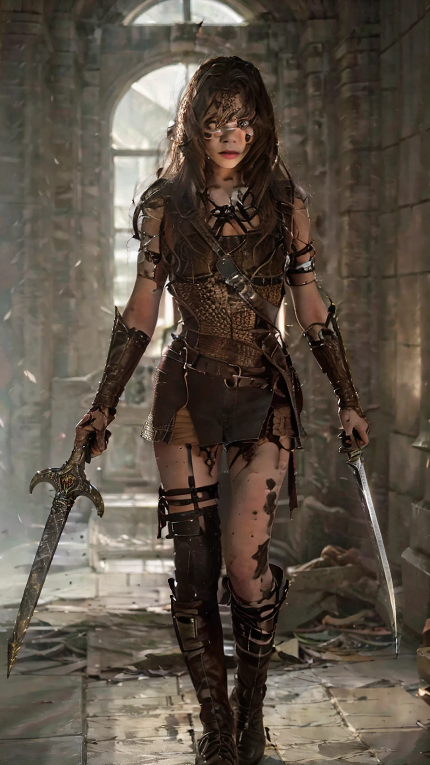 ((Full body photo, standing, feet on the floor)) a woman dressed as a warrior holding a sword, fishnet tights,  sexy painting of gal gadot, tyler edlin fantasy art, fantasy woman, gal gadot as hell lord, zenescope, a very beautiful berserker woman, magali villeneuve', as seen on artgerm, very beautiful female barbarian, artgerm julie bell beeple, 4k fantasy art