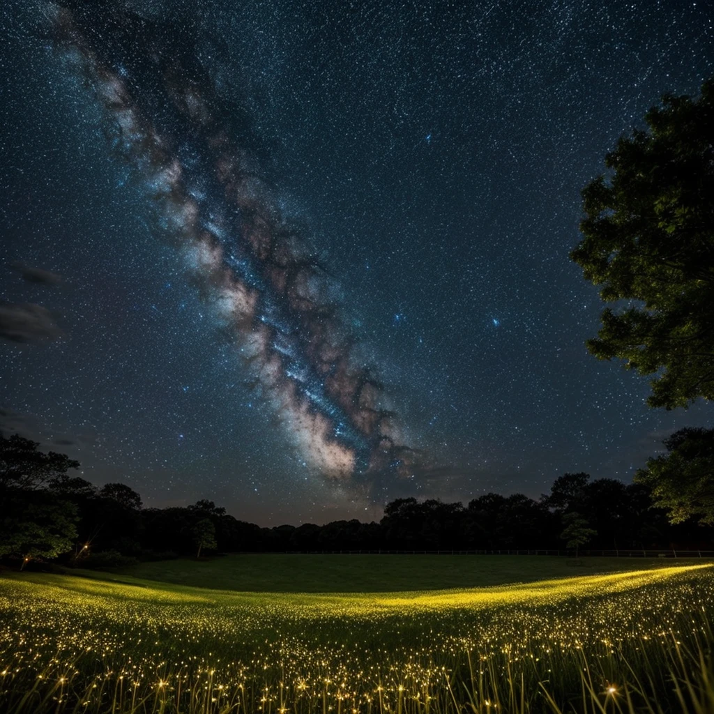 summer night、A starry sky in a quiet country garden。The Milky Way flows、The light of the fireflies illuminates the grass。