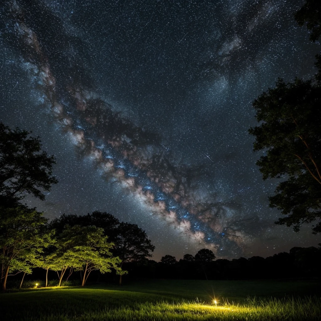 summer night、A starry sky in a quiet country garden。The Milky Way flows、The light of the fireflies illuminates the grass。