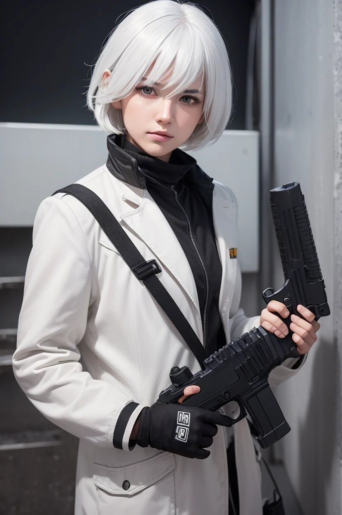 Create a free fire profile photo with white hair and positioned with a gun in your hand carton
