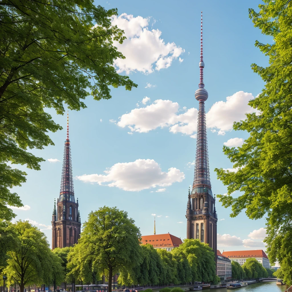 Create a scenic digital painting of Berlin, Germany. The foreground features traditional German architecture with charming buildings and lush green trees. Include the Berlin TV Tower (Fernsehturm) prominently in the background, with its distinctive structure reaching towards a clear blue sky. Add reflections of modern glass buildings to show a mix of historical and contemporary elements. The overall atmosphere should be serene and picturesque, with soft pastel colors and a harmonious blend of nature and urban scenery Berlin . years 2024 