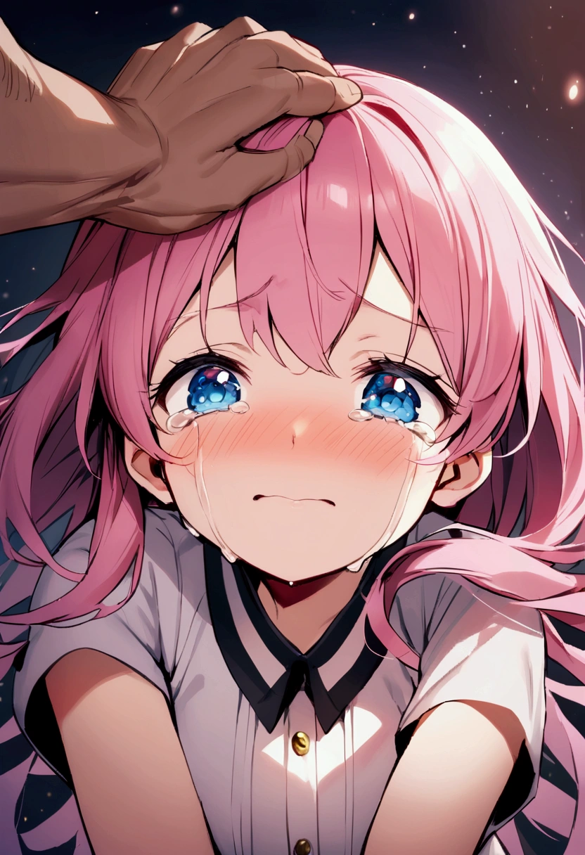 An ugly middle-aged man stroking the head of a crying 、Girl with pink hair、blue eyes、Twin Drill