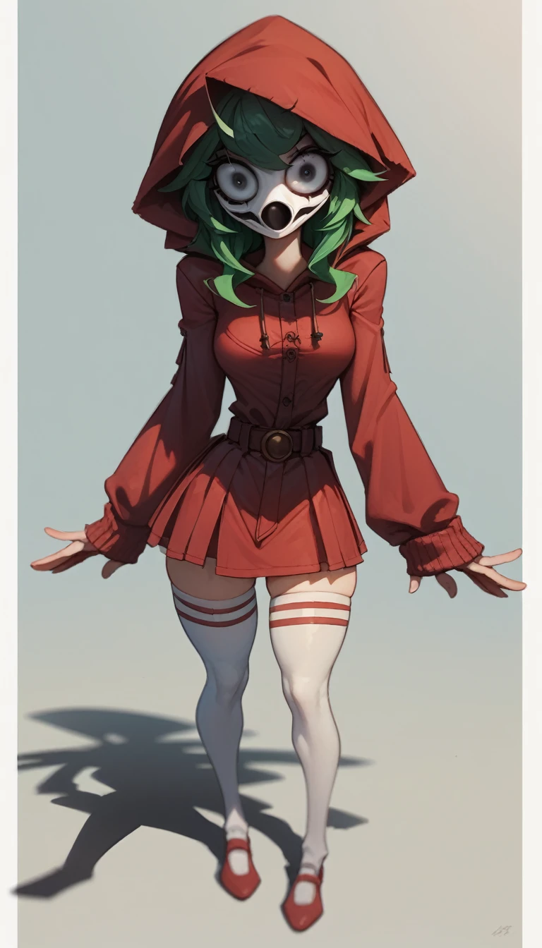 ((shygal)), mask, eyelashes, [solid background], [[light blue background]], (white border), (shaded), [3d], sleeves past wrists, (round eyes, wide eyes), (shadow), cartoony, (faceless), green hair, black eyes, breasts, no nose, 1girl, solo, [[belt]], (standing), clothes stretch, ((red hood), red skirt, hood, white thighhighs) masterpiece, (best quality:1.2), sharp image, detailed image, detailed face, perfect lighting, (perfect shadows), perfect face, (detailed background, depth of field), (4k, 2k, absurd res), bend over nsfw huge tits thicc good hands 