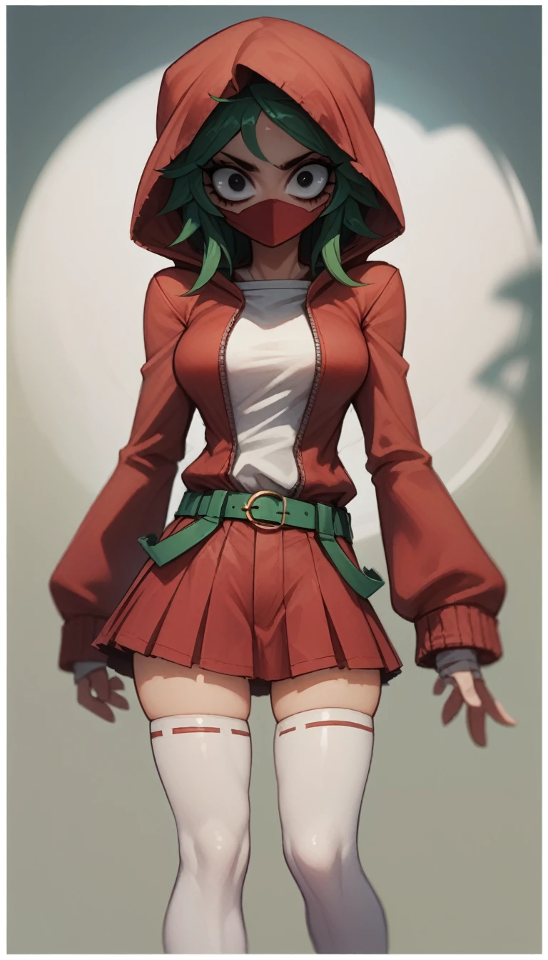 ((shygal)), mask, eyelashes, [solid background], [[light blue background]], (white border), (shaded), [3d], sleeves past wrists, (round eyes, wide eyes), (shadow), cartoony, (faceless), green hair, black eyes, breasts, no nose, 1girl, solo, [[belt]], (standing), clothes stretch, ((red hood), red skirt, hood, white thighhighs) masterpiece, (best quality:1.2), sharp image, detailed image, detailed face, perfect lighting, (perfect shadows), perfect face, (detailed background, depth of field), (4k, 2k, absurd res), bend over nsfw huge tits thicc good hands 