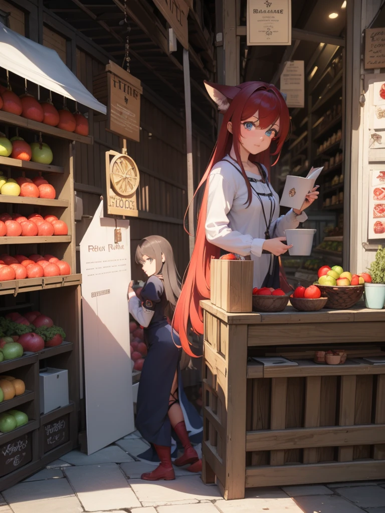 (masterpiece, detailed shadow, detailed lighting), best quality, expressive eyes, perfect face, fox girl ((working in a run down market stand))? Red detailed hair, expressive blue eyes, sad expression, (Medival vendor  clothes), selling appels, best view angle, 