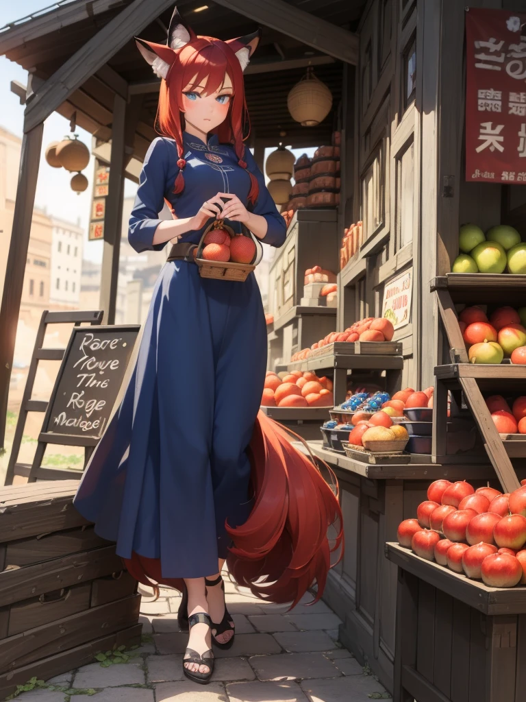 (masterpiece, detailed shadow, detailed lighting), best quality, expressive eyes, perfect face, fox girl ((working in a run down market stand))? Red detailed hair, expressive blue eyes, sad expression, (Medival vendor clothes), selling appels, best view angle,
