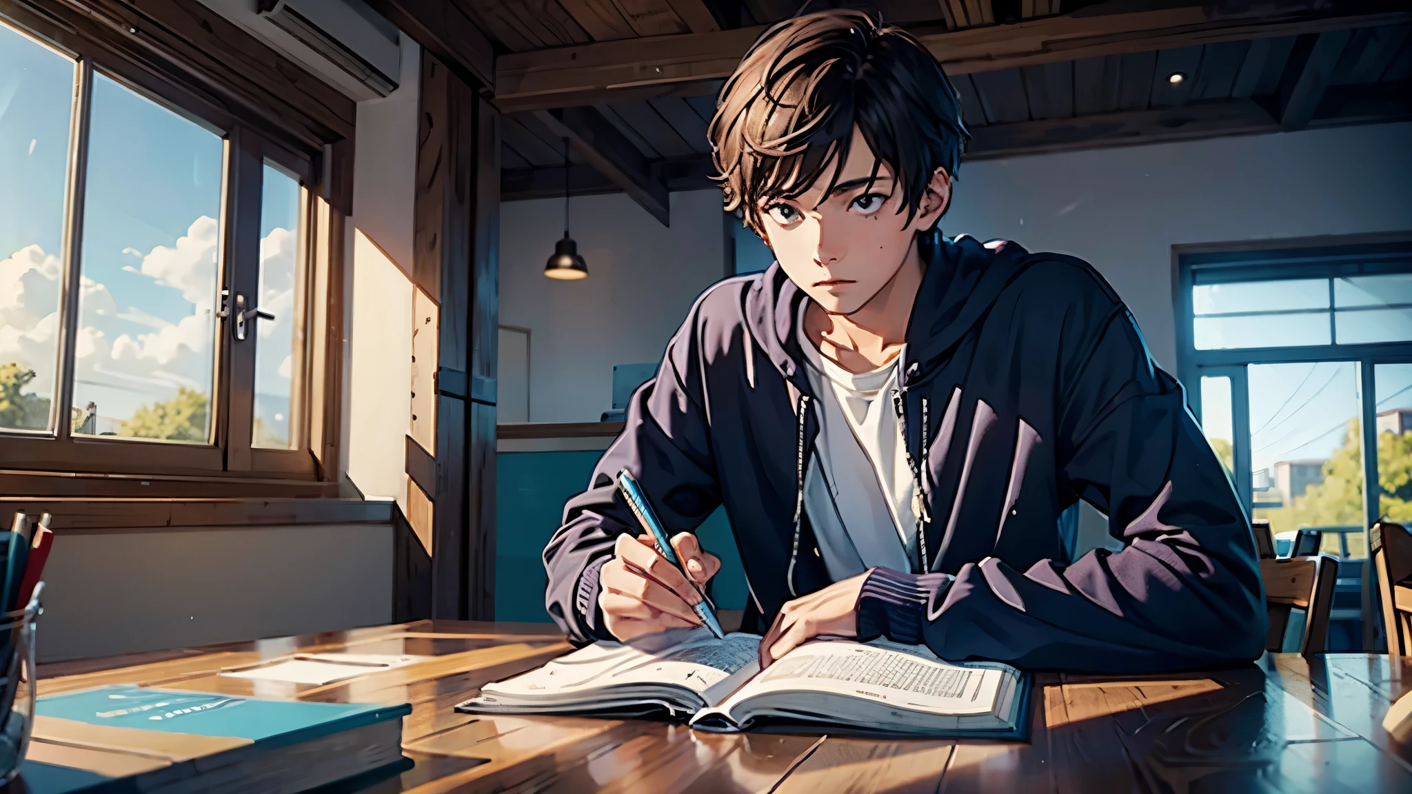 young teenage man apparently failing studying English