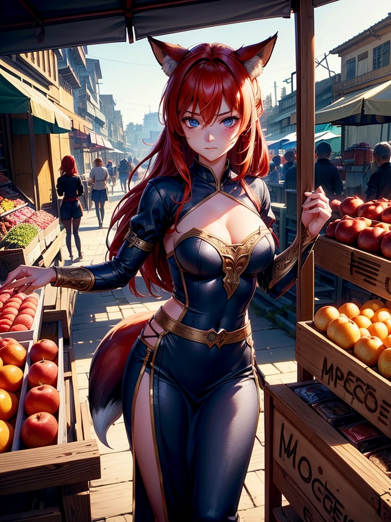 (masterpiece, detailed shadow, detailed lighting), best quality, expressive eyes, perfect face, fox girl ((working in a run down market stand))? Red detailed hair, expressive blue eyes, sad expression, (Medival vendor clothes), selling appels, best view angle,