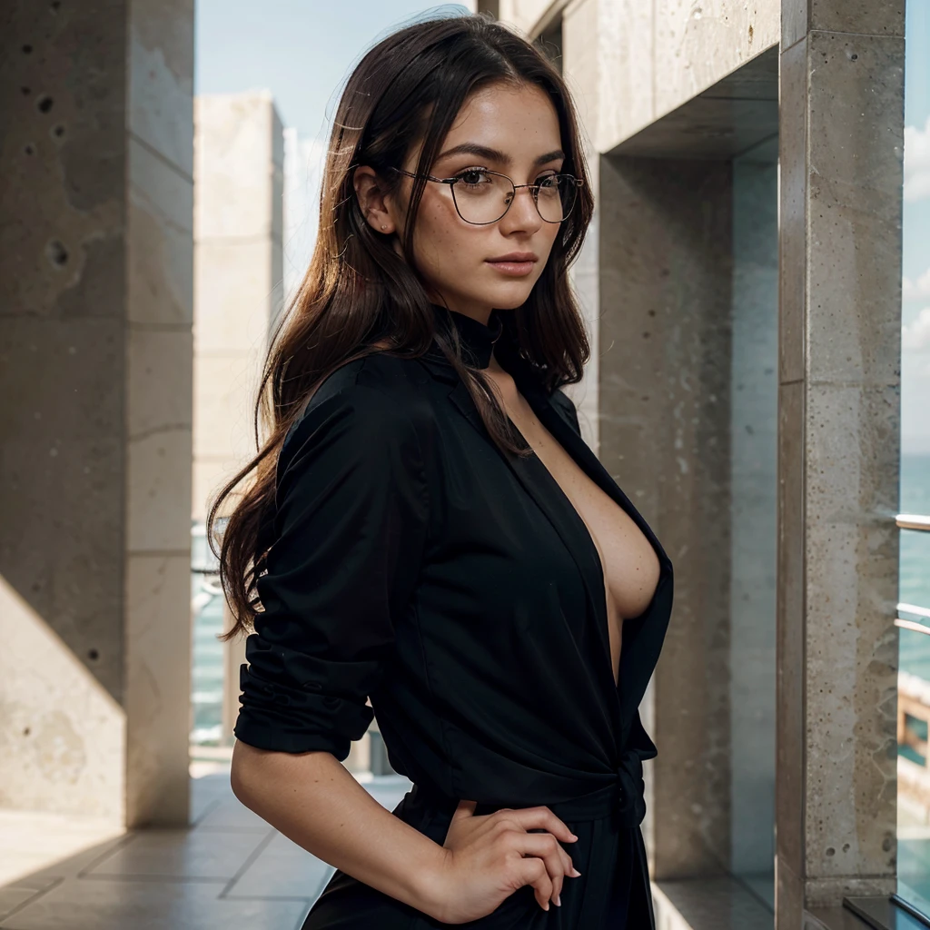 Create a very realistic and beautiful model with the following detailed features: Gender: Female, Age: Young adult (approximately 20-25 years old), Hair: Long, wavy and reddish with a natural shine, gently cascading around the shoulders and back back. . . . . . . . . . . . . , Eyes: Bright green with a captivating, slightly almond-shaped look, detailed with natural highlights, Skin: Fair complexion with a light texture, including natural freckles on the nose and cheeks, giving a youthful and vibrant appearance: Fair complexion with a light texture, including natural freckles on the nose and cheeks, giving a youthful and lively appearance, Face: with a smooth and natural contour, soft, full lips with a slight pinkish tint and a slightly delicate upturned nose, Expression : a gentle face, with a touch of mischief, which conveys warmth and approachability, Clothing: in a black suit and black sunglasses standing in an accentor, wearing a black suit, a black suit, a black outfit, a black suit and glasses, a black restrained suit, a black silky outfit, fashionable black clothes, a Girl in a suit, wears black clothes, Girl in a suit, Smooth black tight-fitting suit, wears an elegant outfit, haute couture chic, All black , Background: the model is in an accesor, start in accensor, accensor, accensor Pose: relaxed and confident posture, start on an open roof, end of sunny day, sea view in the background. aesthetic, Unsplash, Neoclassicism, Complex background, Best quality, hyper detailed, Gratty Sita, 64K, Light design