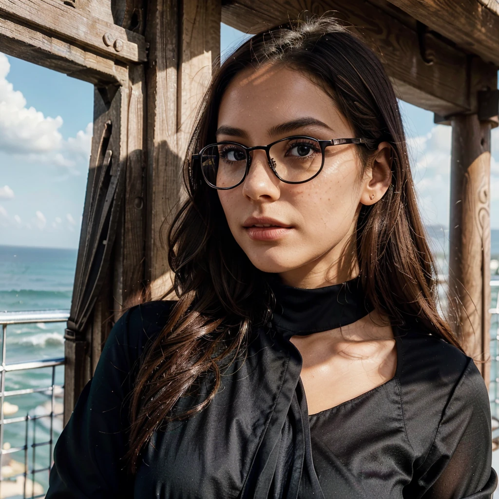 Create a very realistic and beautiful model with the following detailed features: Gender: Female, Age: Young adult (approximately 20-25 years old), Hair: Long, wavy and reddish with a natural shine, gently cascading around the shoulders and back back. . . . . . . . . . . . . , Eyes: Bright green with a captivating, slightly almond-shaped look, detailed with natural highlights, Skin: Fair complexion with a light texture, including natural freckles on the nose and cheeks, giving a youthful and vibrant appearance: Fair complexion with a light texture, including natural freckles on the nose and cheeks, giving a youthful and lively appearance, Face: with a smooth and natural contour, soft, full lips with a slight pinkish tint and a slightly delicate upturned nose, Expression : a gentle face, with a touch of mischief, which conveys warmth and approachability, Clothing: in a black suit and black sunglasses standing in an accentor, wearing a black suit, a black suit, a black outfit, a black suit and glasses, a black restrained suit, a black silky outfit, fashionable black clothes, a Girl in a suit, wears black clothes, Girl in a suit, Smooth black tight-fitting suit, wears an elegant outfit, haute couture chic, All black , Background: the model is in an accesor, start in accensor, accensor, accensor Pose: relaxed and confident posture, start on an open roof, end of sunny day, sea view in the background. aesthetic, Unsplash, Neoclassicism, Complex background, Best quality, hyper detailed, Gratty Sita, 64K, Light design
