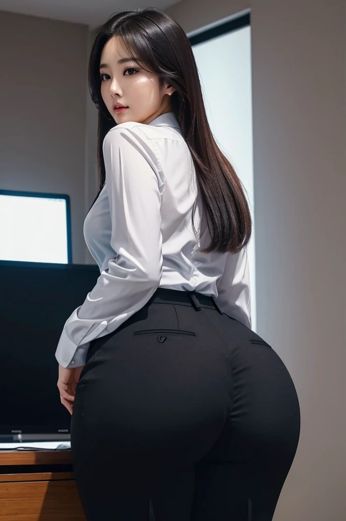 Super Beautiful Office Lady、(Plump ass)、Y shirt、 Black suitpants、posterior view、(((ultra best quality, masterpiece))), (((ighly detailed)))