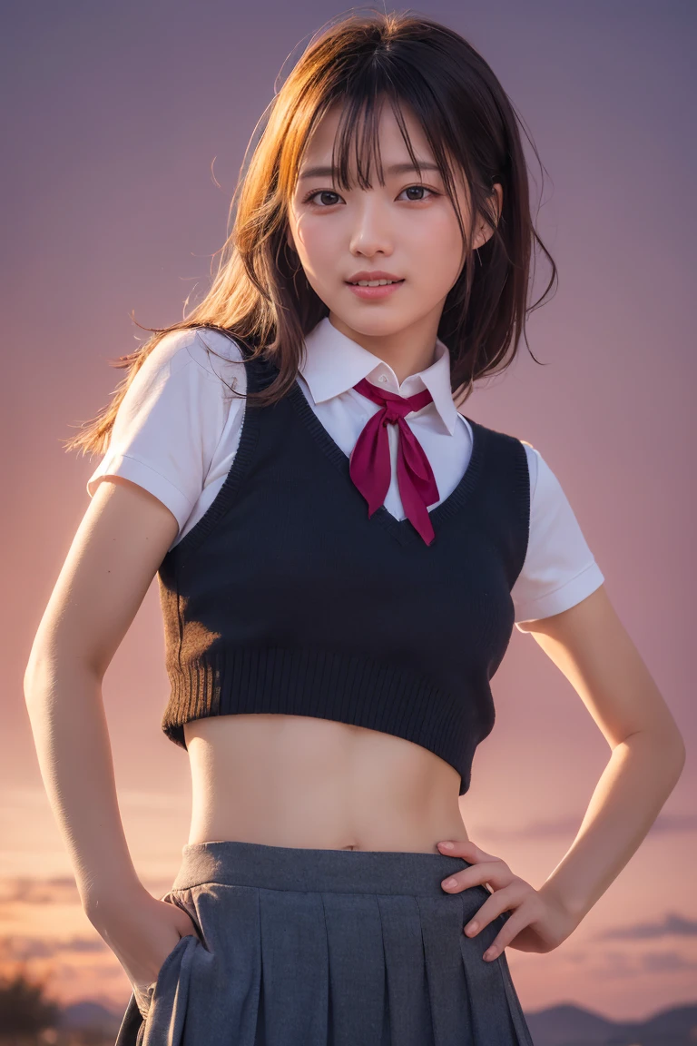 ((Black school uniform)),Ribbon at neck,Sickly white skin , smile, (8k, RAW Photos, Highest quality, masterpiece:1.2), masterpiece, Super Details, super high quality, (Realistic and Realistic photography:1. 37), High-resolution RAW color photos, Very delicate and beautiful, Highly detailed red eyes,Highly detailed skin, Well-formed nose bridge, Highly detailed and beautiful pink lips, Perfect Anatomy, Upper Body,Playful pose, Hands on hips, smile, Pastel Background, Realistic, Attention to detail, photography、A stream of red blood from the mouth、Red Moon Night