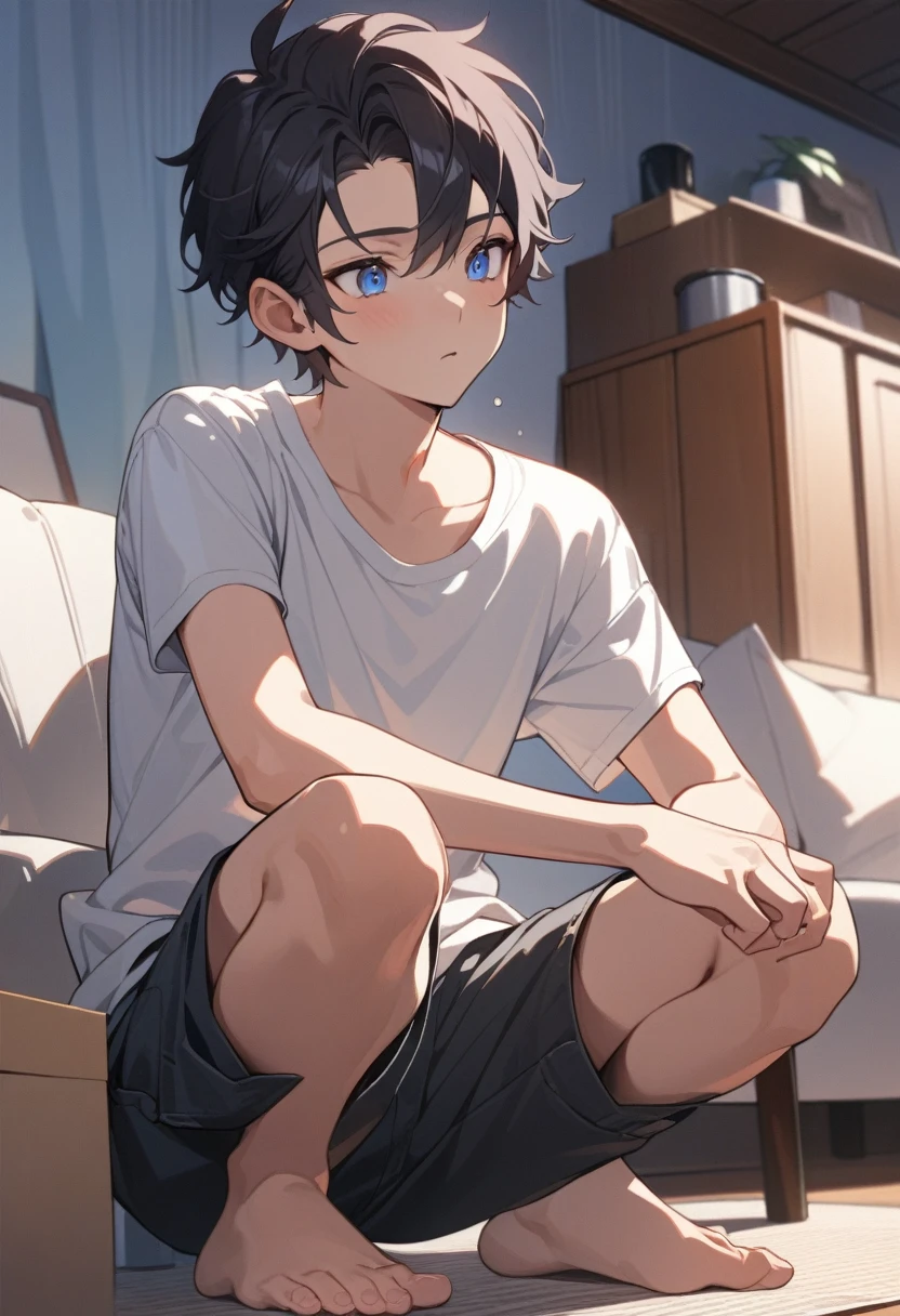 masterpiece, best quality, extremely detailed, ultra detailed, flat anime, 2D, ((1boy)),black hair, (short hair:1.5),blue eyes, height 1.7meters, (circle eyes:1.2), (young adult:1.2), Ear-length sideburns, long Sleeves, White T-shirt, barefoot, ((short sleeves)), ((long pants)), squatting, open mouth, summer, 12AM, livingroom,organizing the boxes., ((portrait)),full body,expressionless