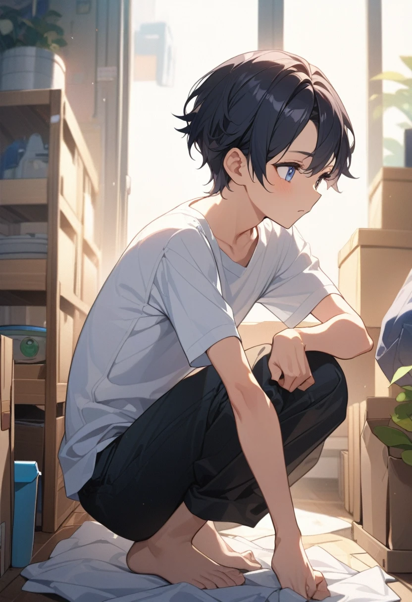 masterpiece, best quality, extremely detailed, ultra detailed, flat anime, 2D, ((1boy)),black hair, (short hair:1.5),blue eyes, height 1.7meters, (circle eyes:1.2), (young adult:1.2), Ear-length sideburns, long Sleeves, White T-shirt, barefoot, ((short sleeves)), ((long pants)), squatting, open mouth, summer, 12AM, livingroom,organizing the boxes., ((portrait)),full body,expressionless